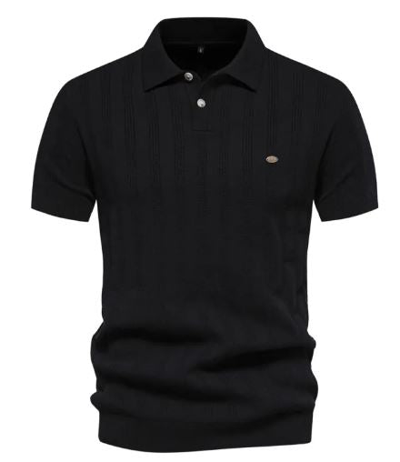 Ribbed knit polo shirt collar and placket detail