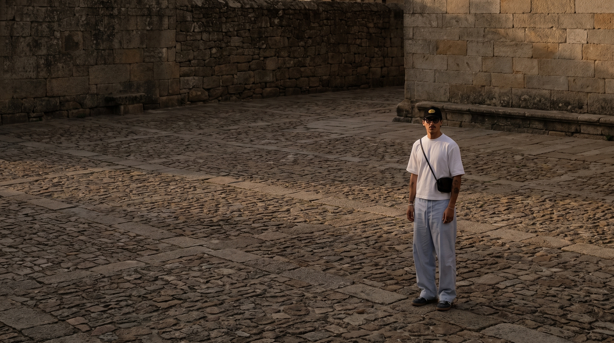 Man standing in a cobblestone square