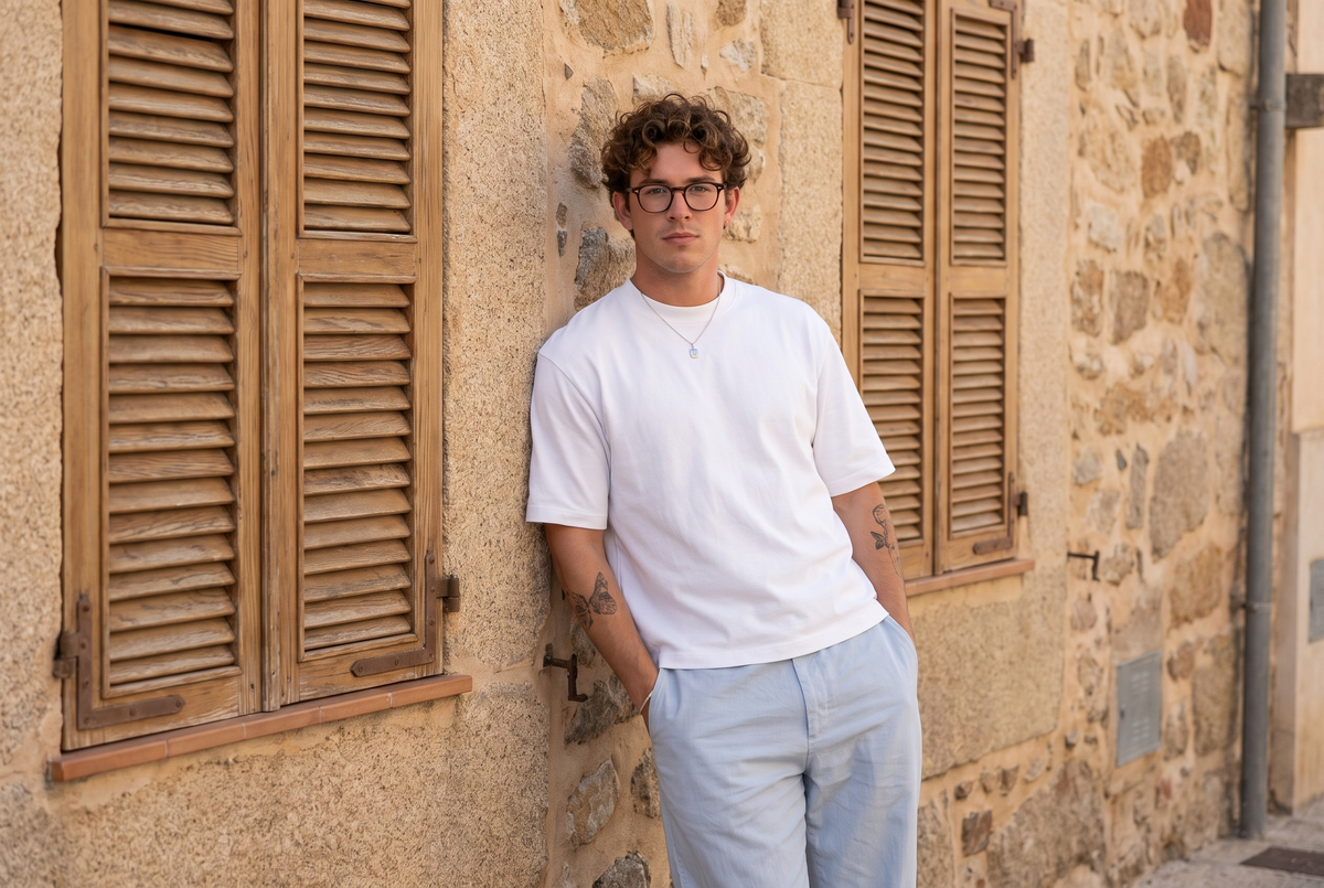 Man in a white tee leaning on a stone wall