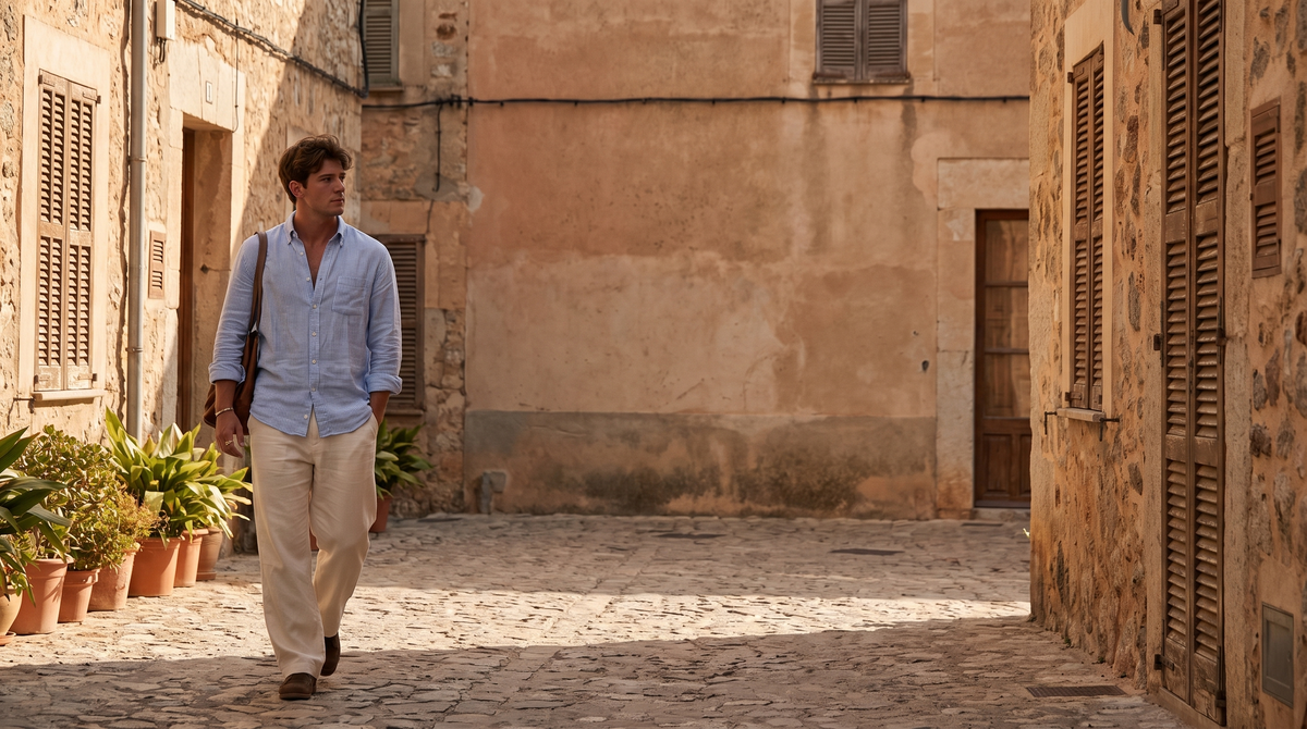 Man in a striped shirt walking down a sunny stone street